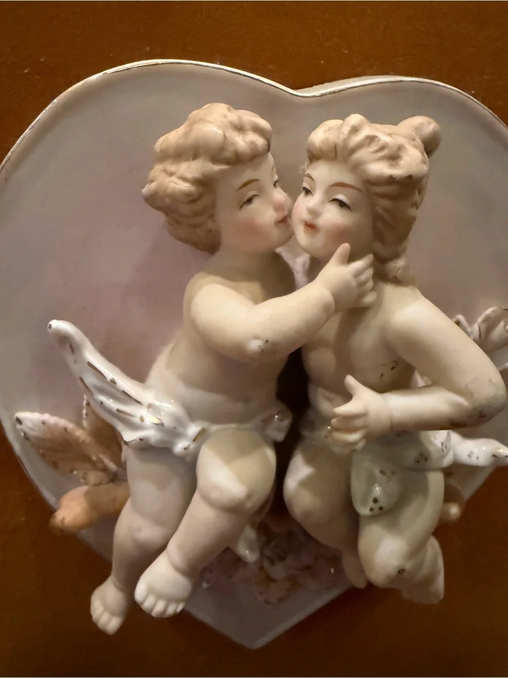 VTG Porcelain Bisque Heart Sculpture Wall Hanging on Velvet 2 Angels Framed 3D